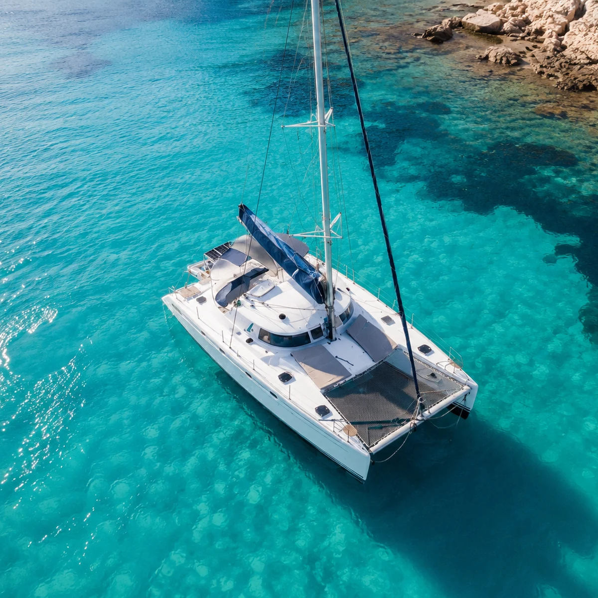 Luchtfoto van de catamaran in turquoise Middellandse Zee-water