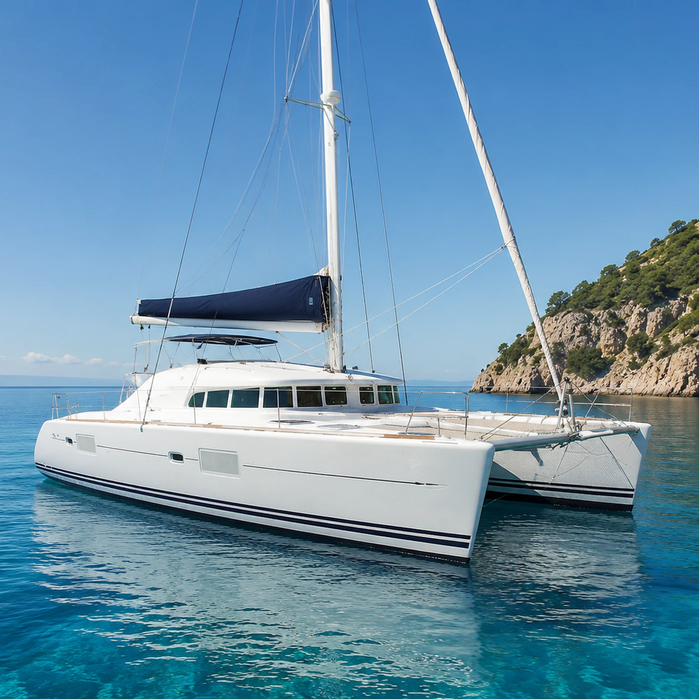 Elegante witte catamaran die voor de dienst op zee wordt gebruikt