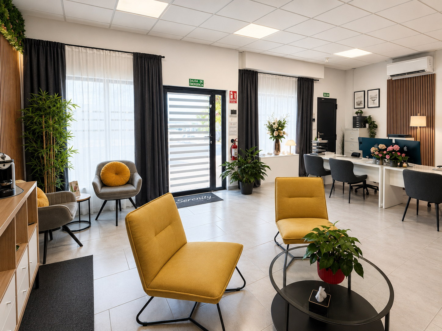 Reception and family seating, with the arrangement offices beyond
