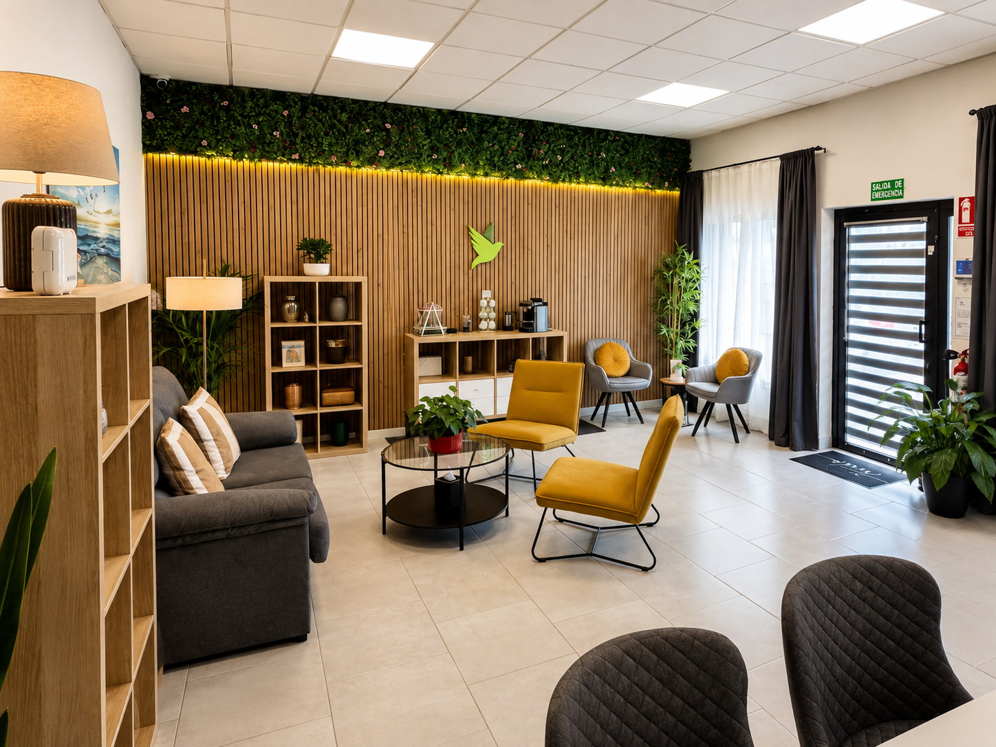 A wider view of the family room and reception